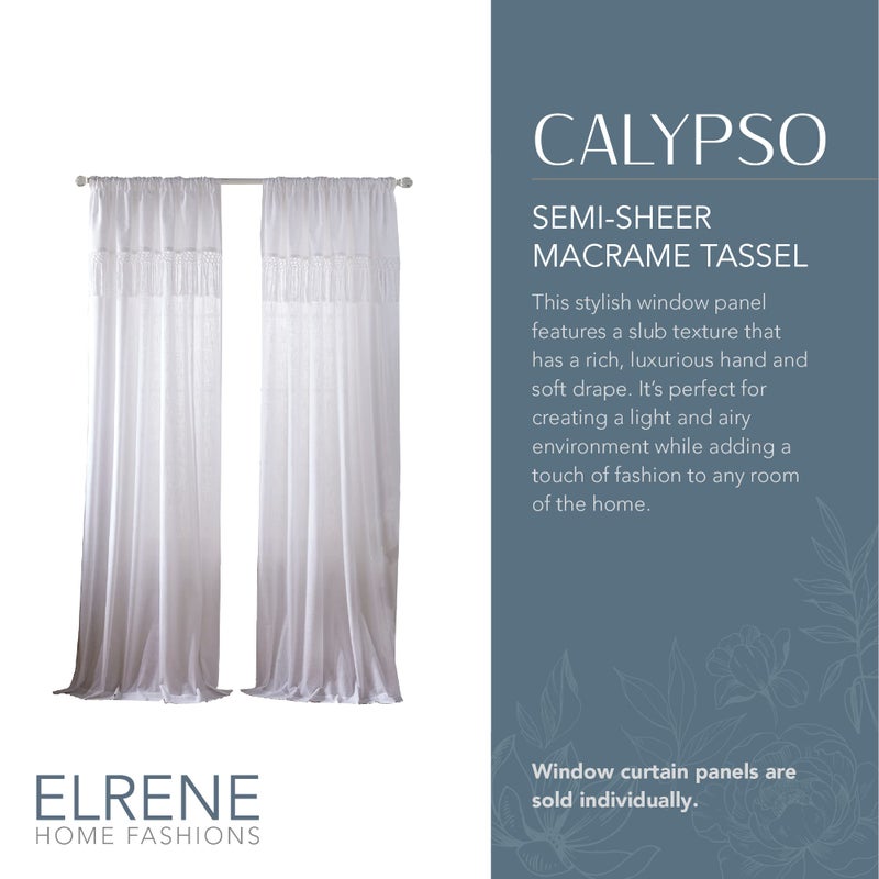 Elrene Home Fashions Calypso Boho Hand-Knotted Macrame Tassel Semi-Sheer Cotton Rod-Pocket Window Curtain Panel, 52 inches by 84 inches, White - Image 2